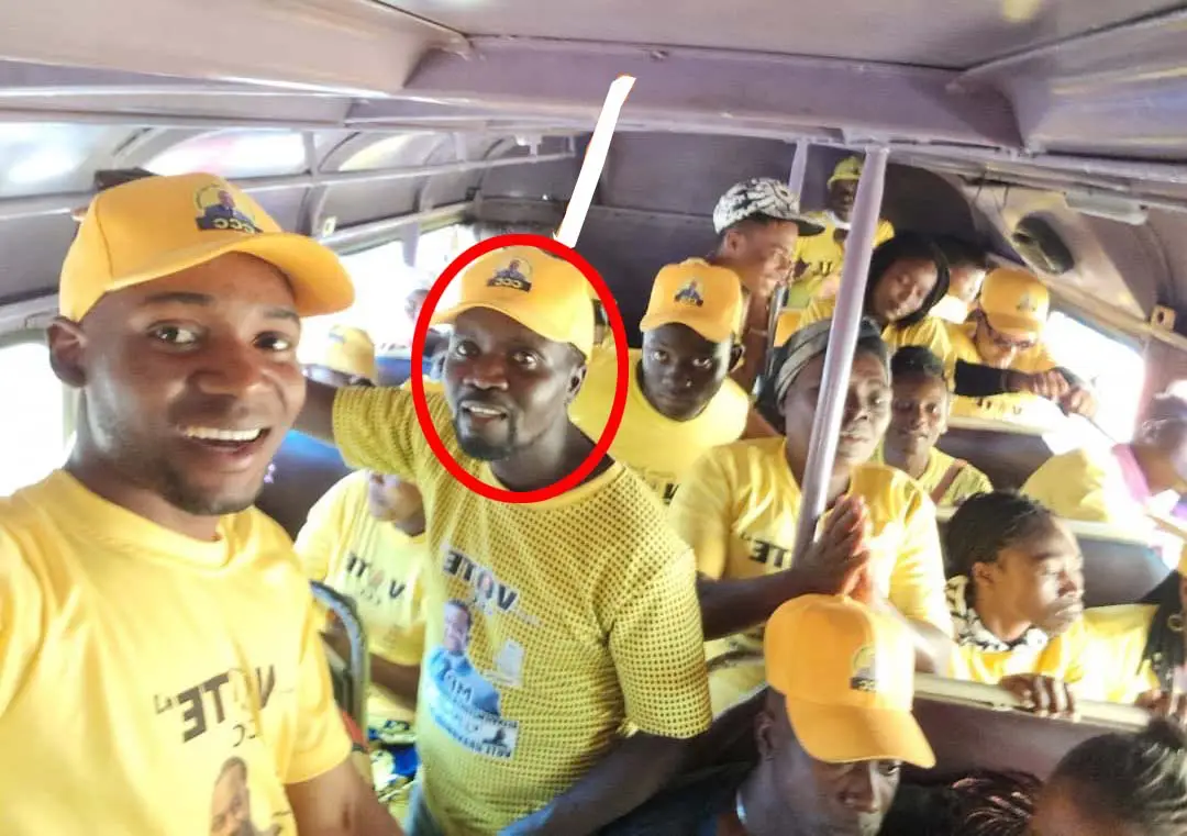 Opposition CCC activist Tinashe Edson Chitsunge in a bus with fellow activists before he was tragically stoned to death by Zanu PF thugs led by Courage Kutira